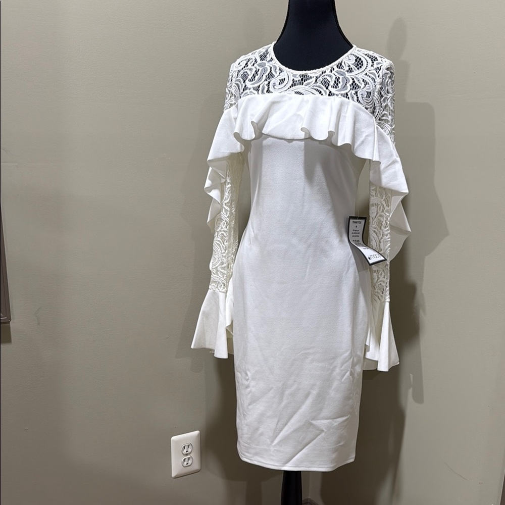 Betsy & Adam White Sheath Dress with Bell Sleeves